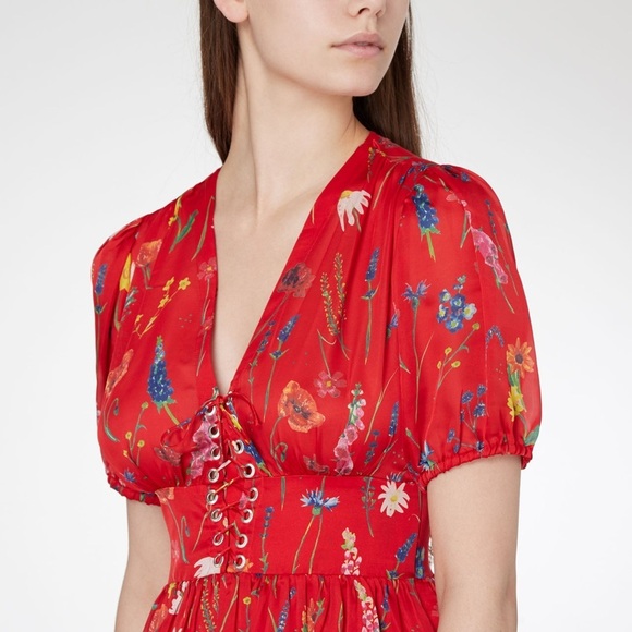 THE KOOPLES Floral Satin Puff Short Sleeve Lace Up Front Ruffle Hem Mini Dress S - Picture 8 of 12